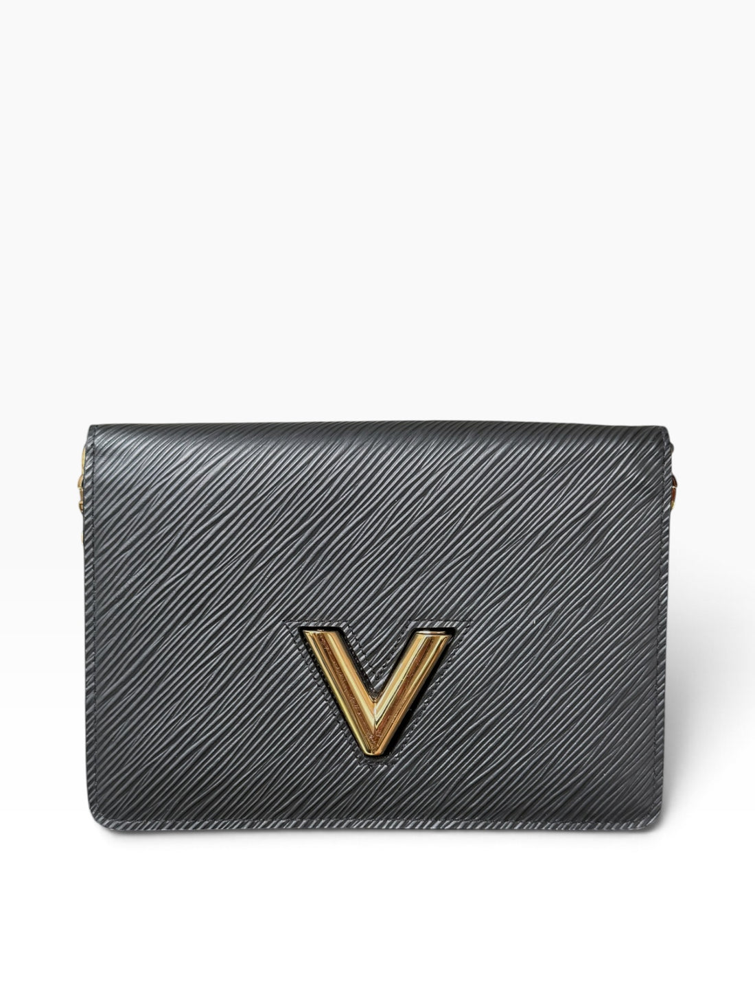 Louis Vuitton Twist Chain Wallet aus schwarzem Epi-Leder mit einem markanten, goldfarbenen LV-Drehverschluss.