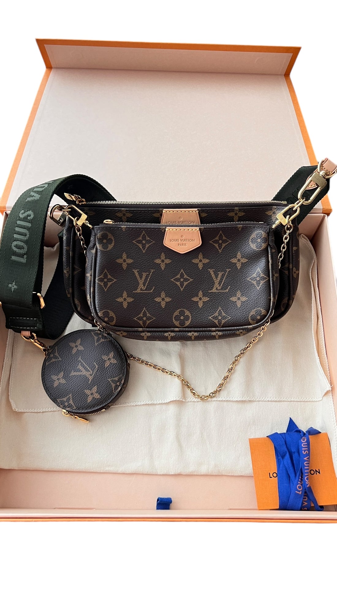 Louis Vuitton Multipochette Monogram Canvas mit khakifarbenem Schulterriemen