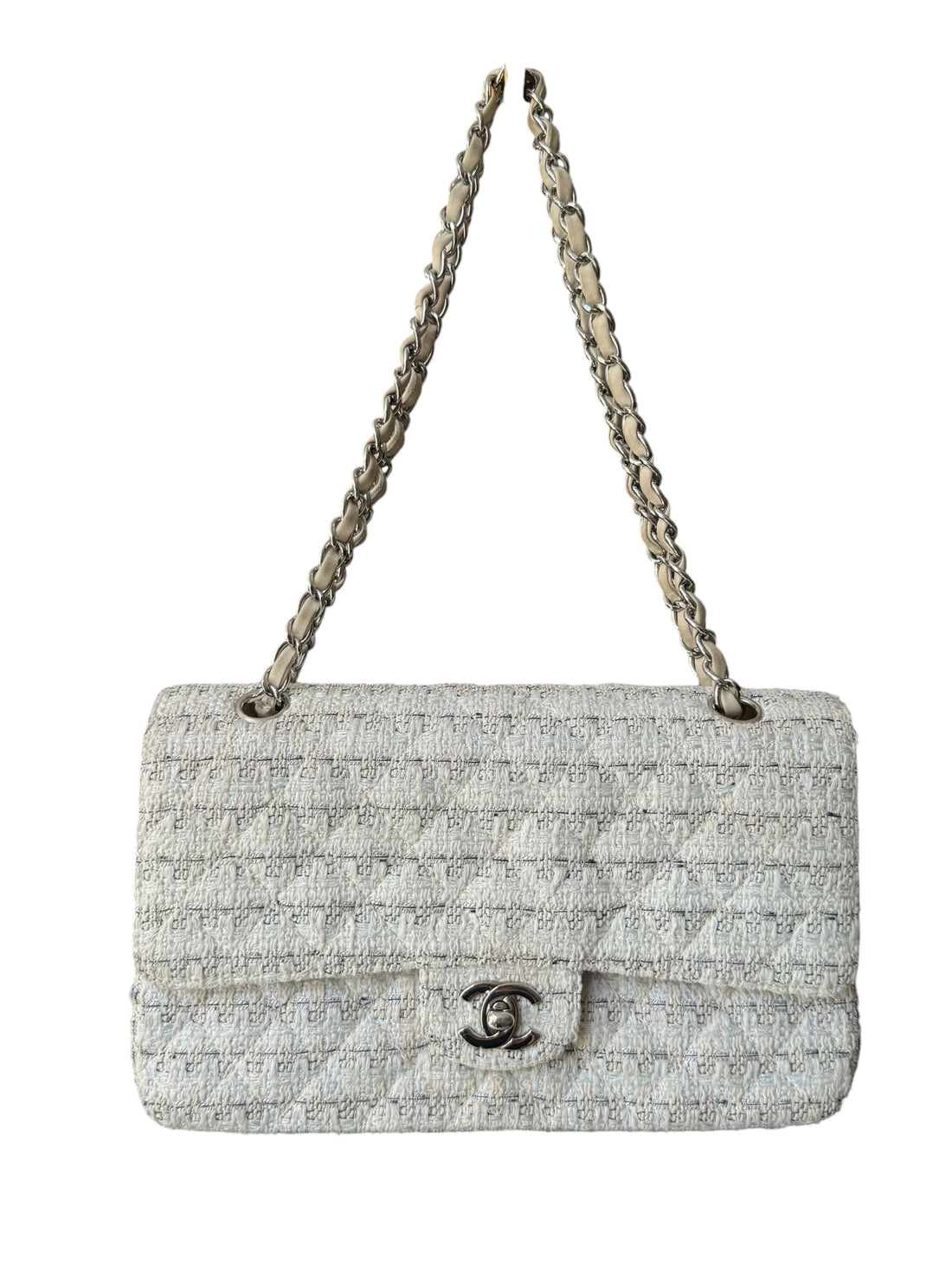 Chanel Timeless Double Flap Bag Medium in den Farben beige/creme/grau und weiss in Tweed