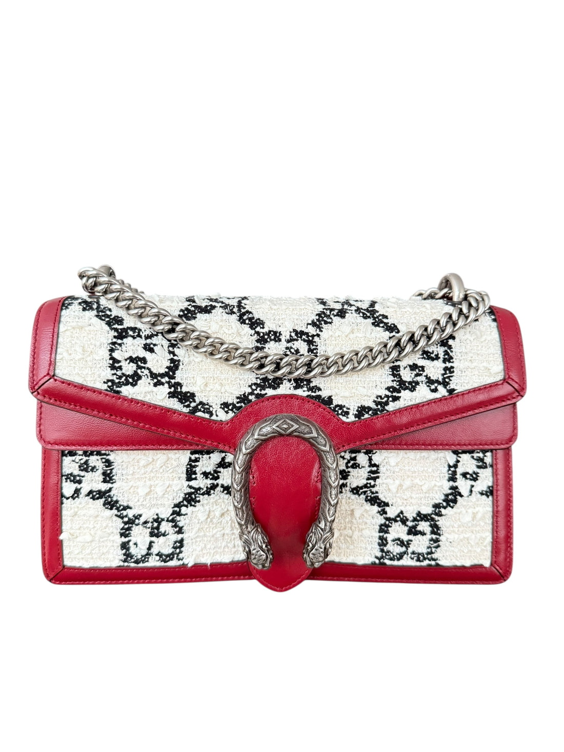Gucci Dionysus GG Schultertasche Tweed schwarz/weiss/rot.