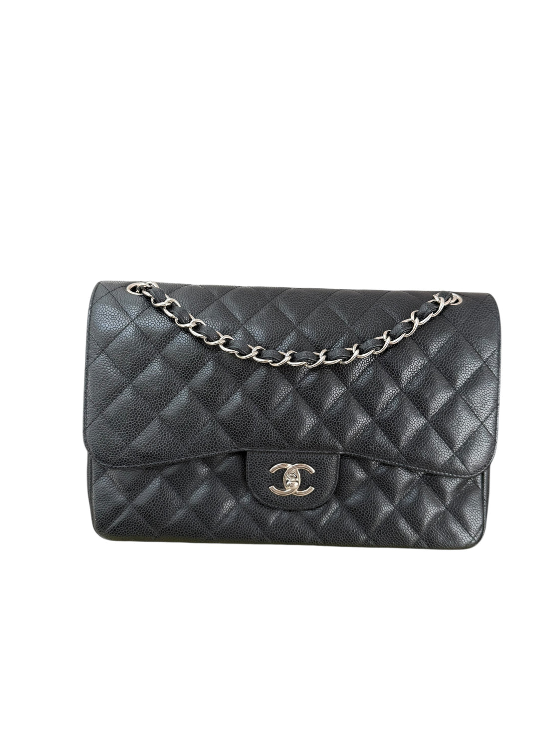 Chanel Classic Timeless Double Flap Bag aus schwarzem Caviarleder und silberfarbener Hardware