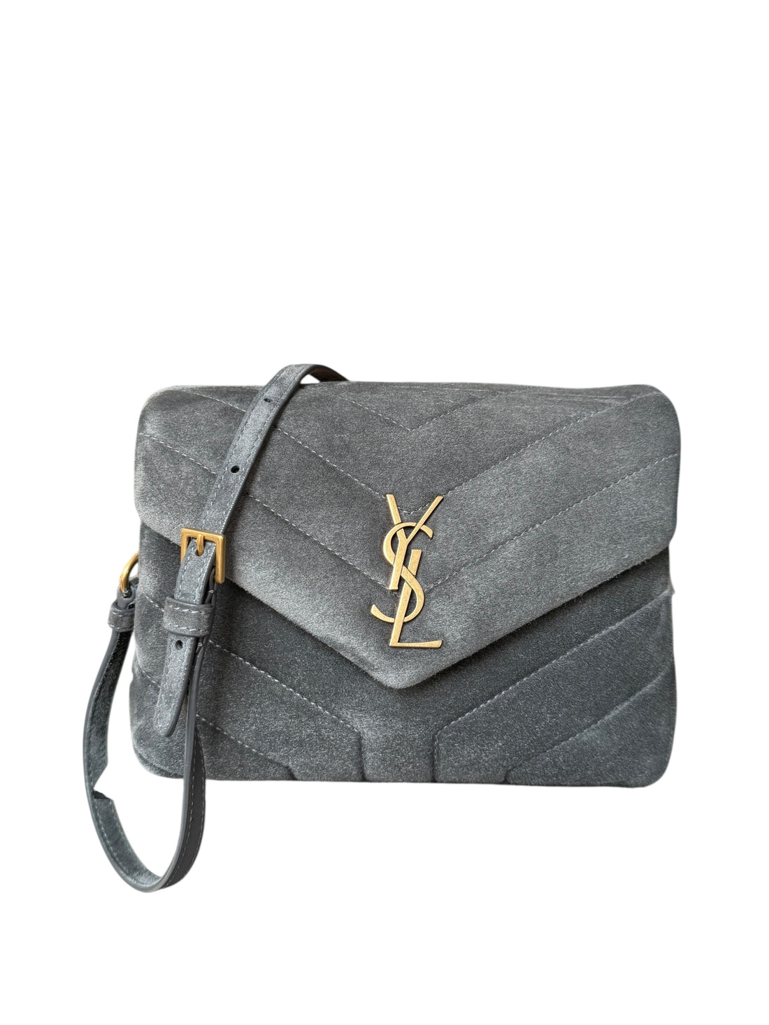 YSL Saint Laurent Loulou mit Chevron Steppmuster in grauem Wildleder und goldfarbener Hardware