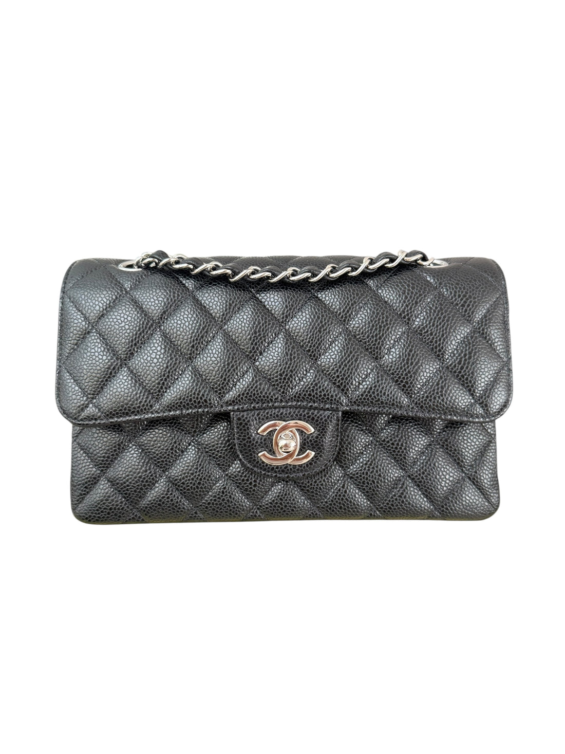Chanel Small Classic Double Flap Bag aus schwarzem Caviarleder und silberfarbener Hardware