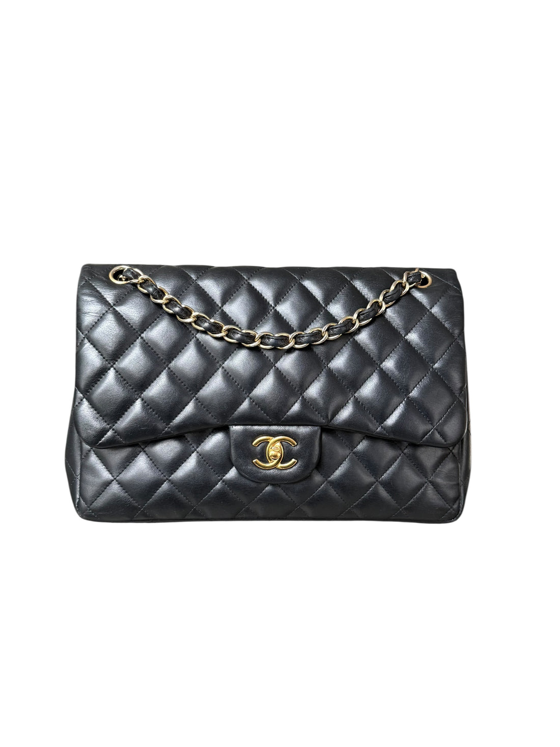 Chanel Classic Timeless Jumbo Double Flap Bag aus schwarzem Lammleder mit goldfarbener Hardware