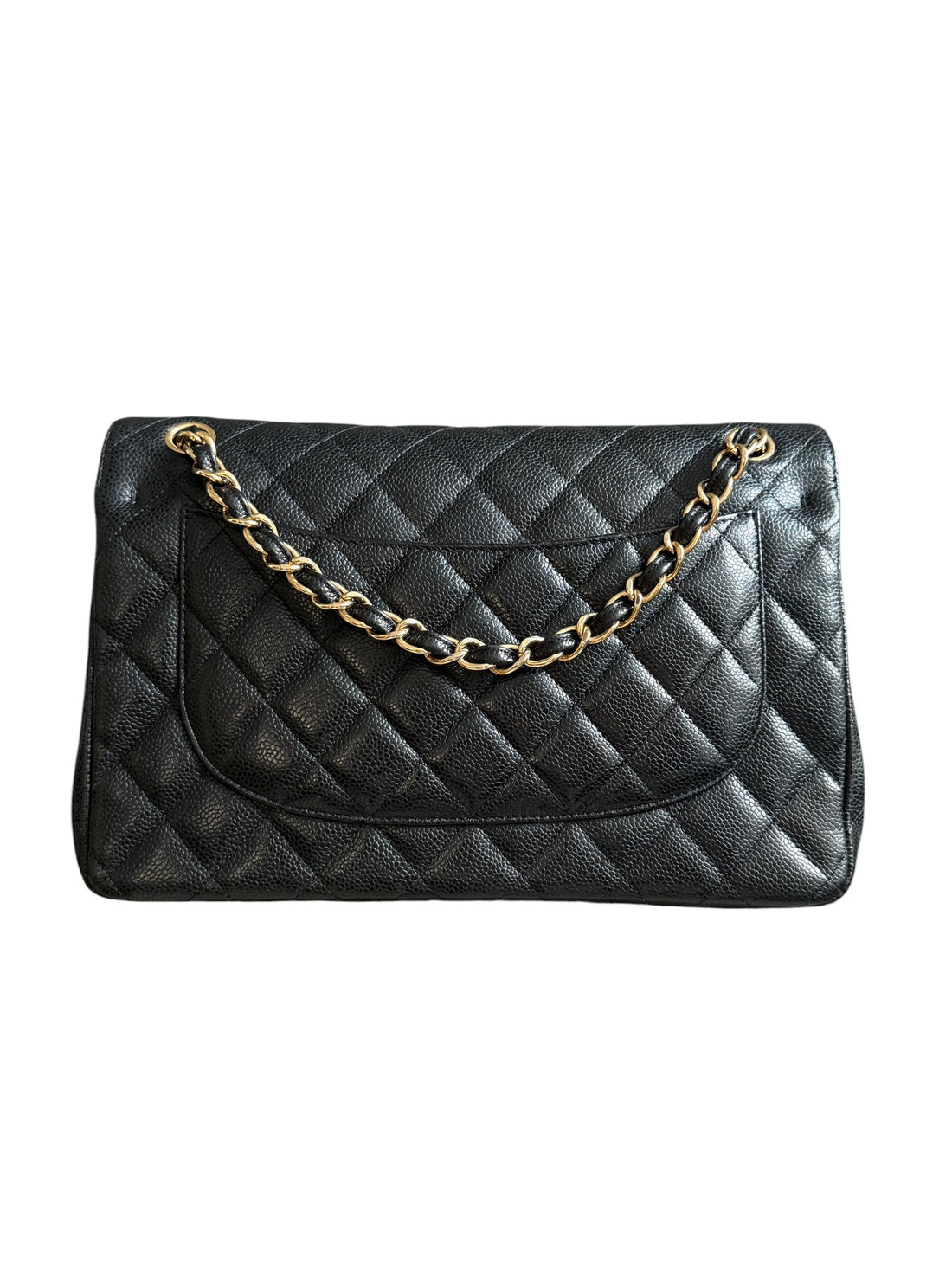 Chanel Classic Timeless Jumbo Double Flap Bag aus schwarzem Caviarleder (genarbtes Kalbsleder) mit goldfarbener Hardware.