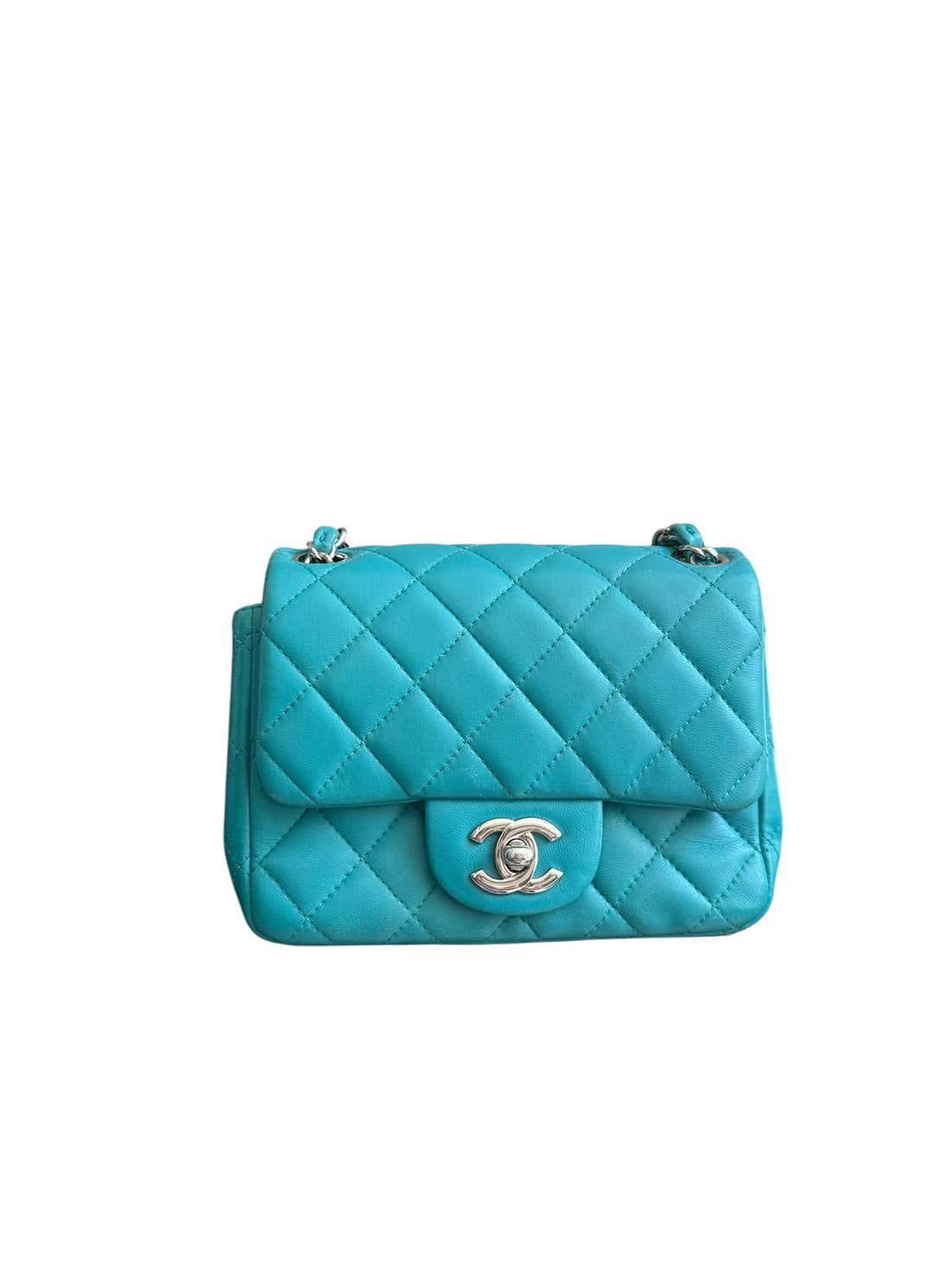 Chanel Classic Flap Bag Square Mini tiffanyblue, Lammleder und silberfarbener Hardware. CC Drehverschluss