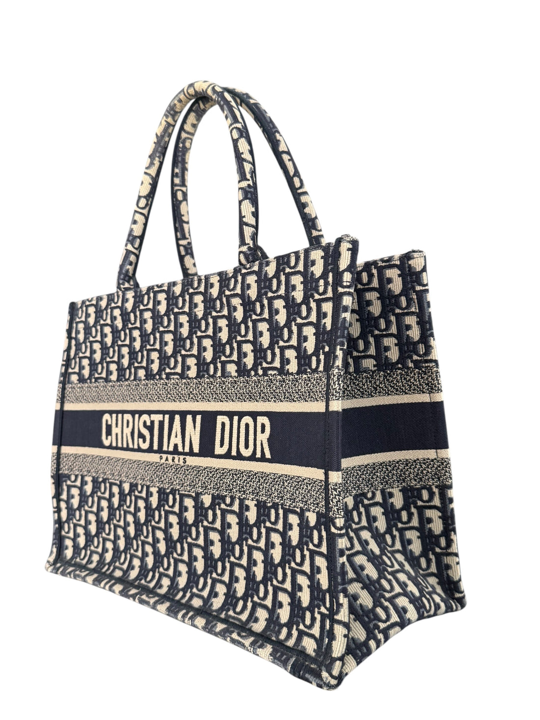 Christian Dior mittelgrosse Book Tote Oblique Stickerei in Ecru und Blau.