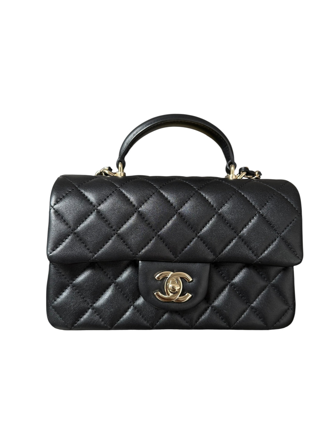 Chanel Mini Classic Flap Bag Handle aus schwarzem Lammleder