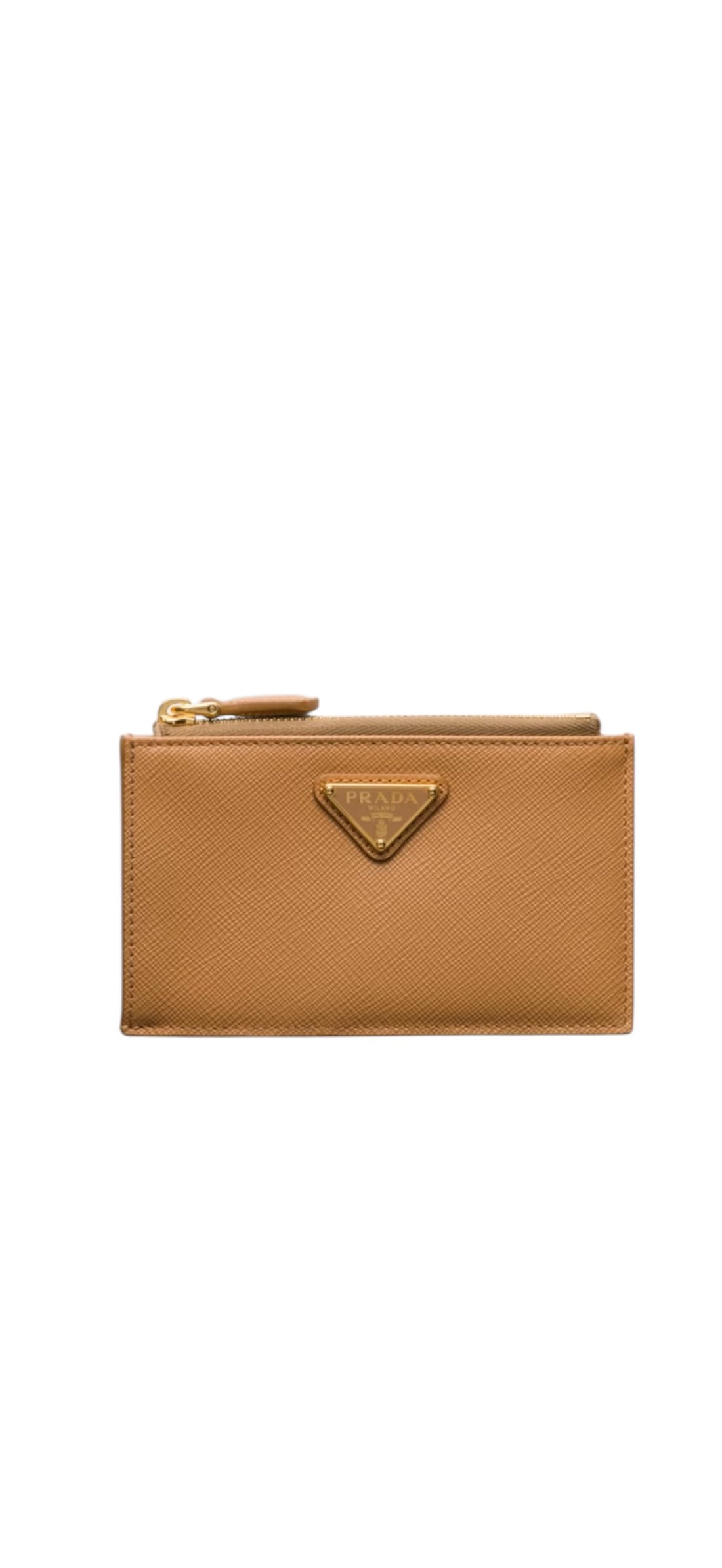 Prada Kartenetui aus Saffiano Leder in der Farbe Karamell aus der aktuellen Kollektion