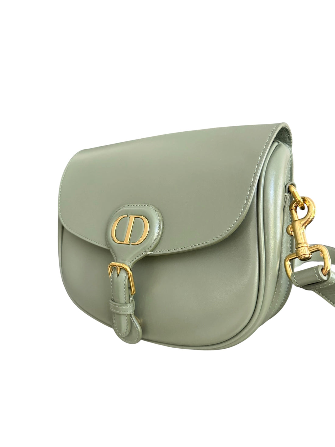 Borsa a tracolla Christian Dior Bobby in pelle di vitello color verde salvia con dettagli in metallo color oro.