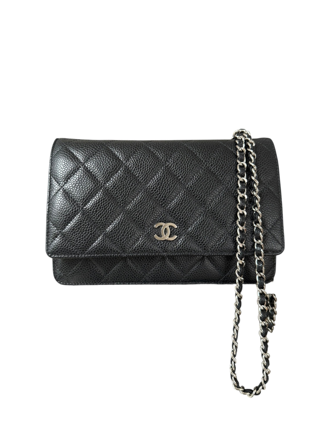 Chanel WOC Wallet on Chain aus schwarzem Kaviarleder und silberfarbener Hardware