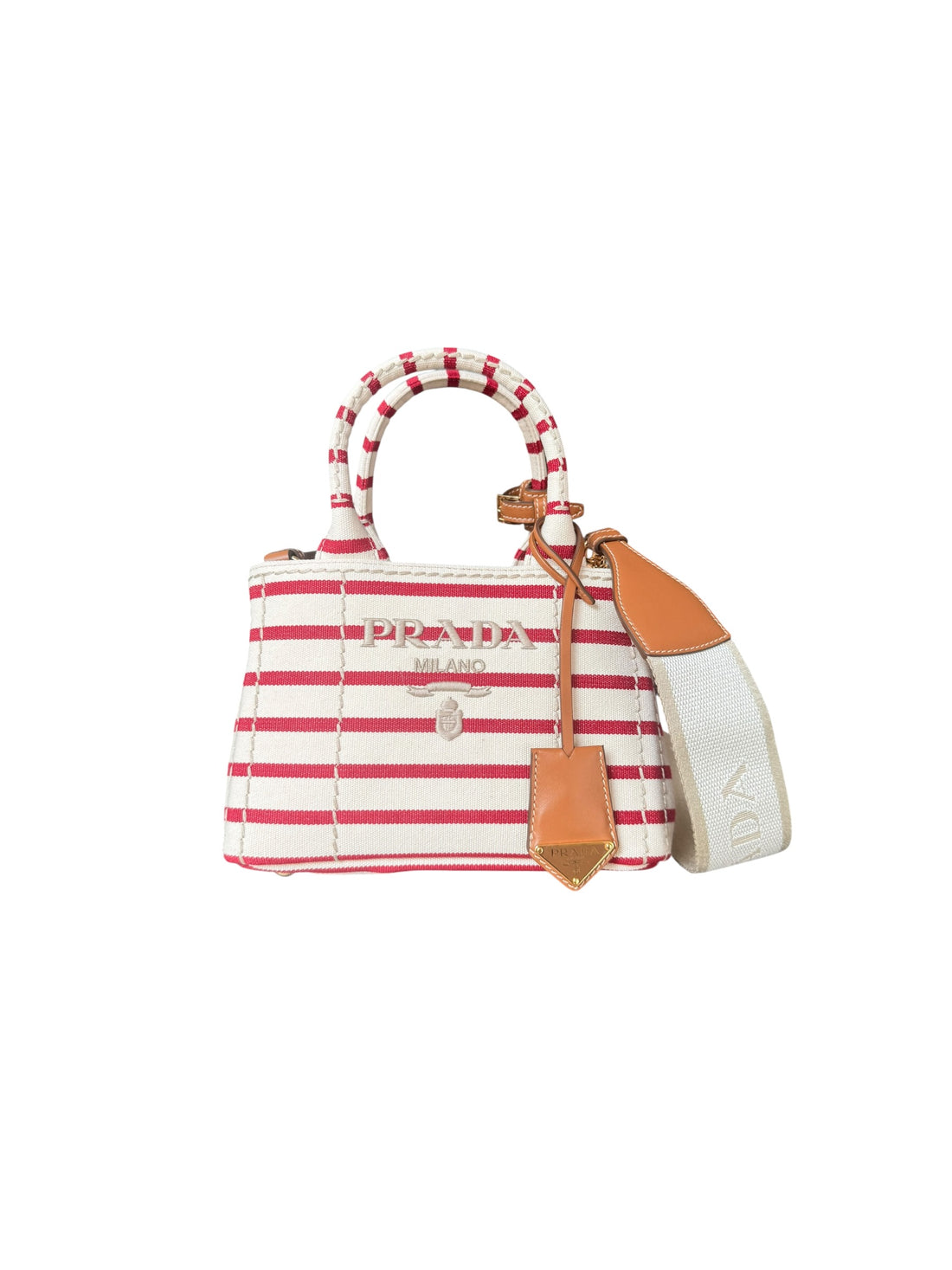 Prada Jardinière Tasche aus gestreiftem Baumwollcanvas mit abnehmbaren und verstellbaren Schulterriemen