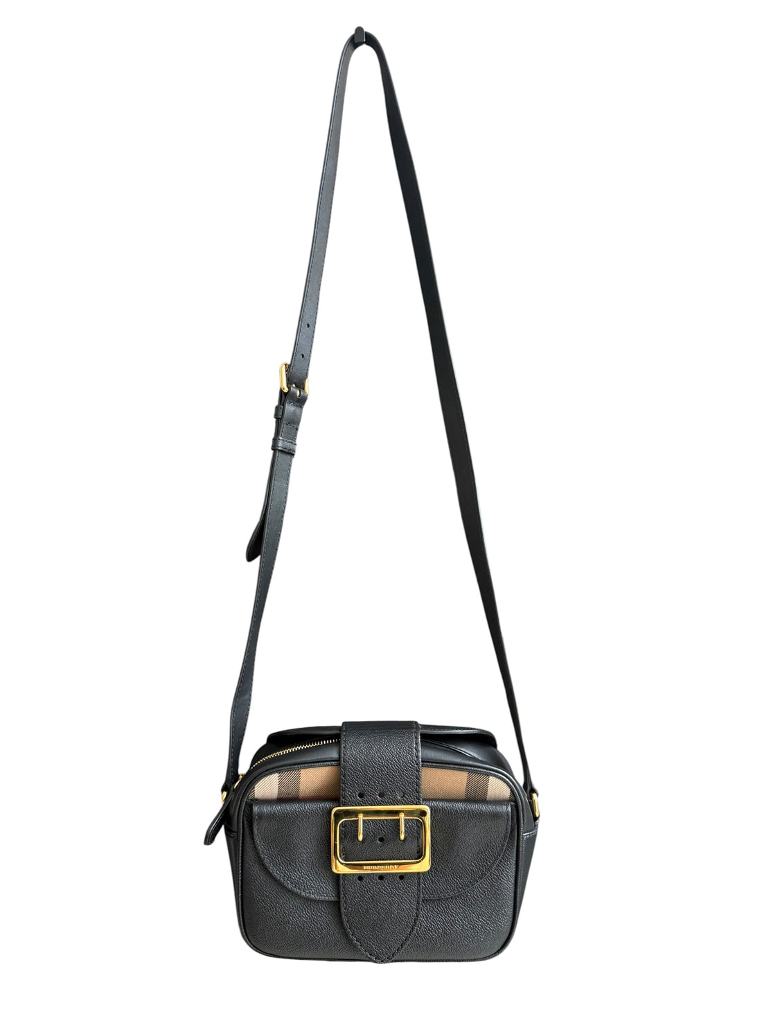 Burberry Small Buckle Leather Crossbody Bag aus schwarzem Leder mit goldfarbener Schliesse und klassischen Vintage Check-Details- magnetischer Verschlus