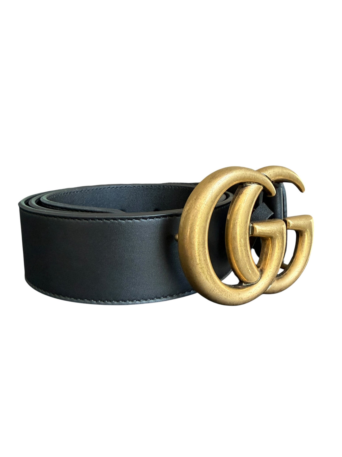 Gucci breiter schwarzer GG Marmont Gürtel mit GG Schnalle in Antikgold