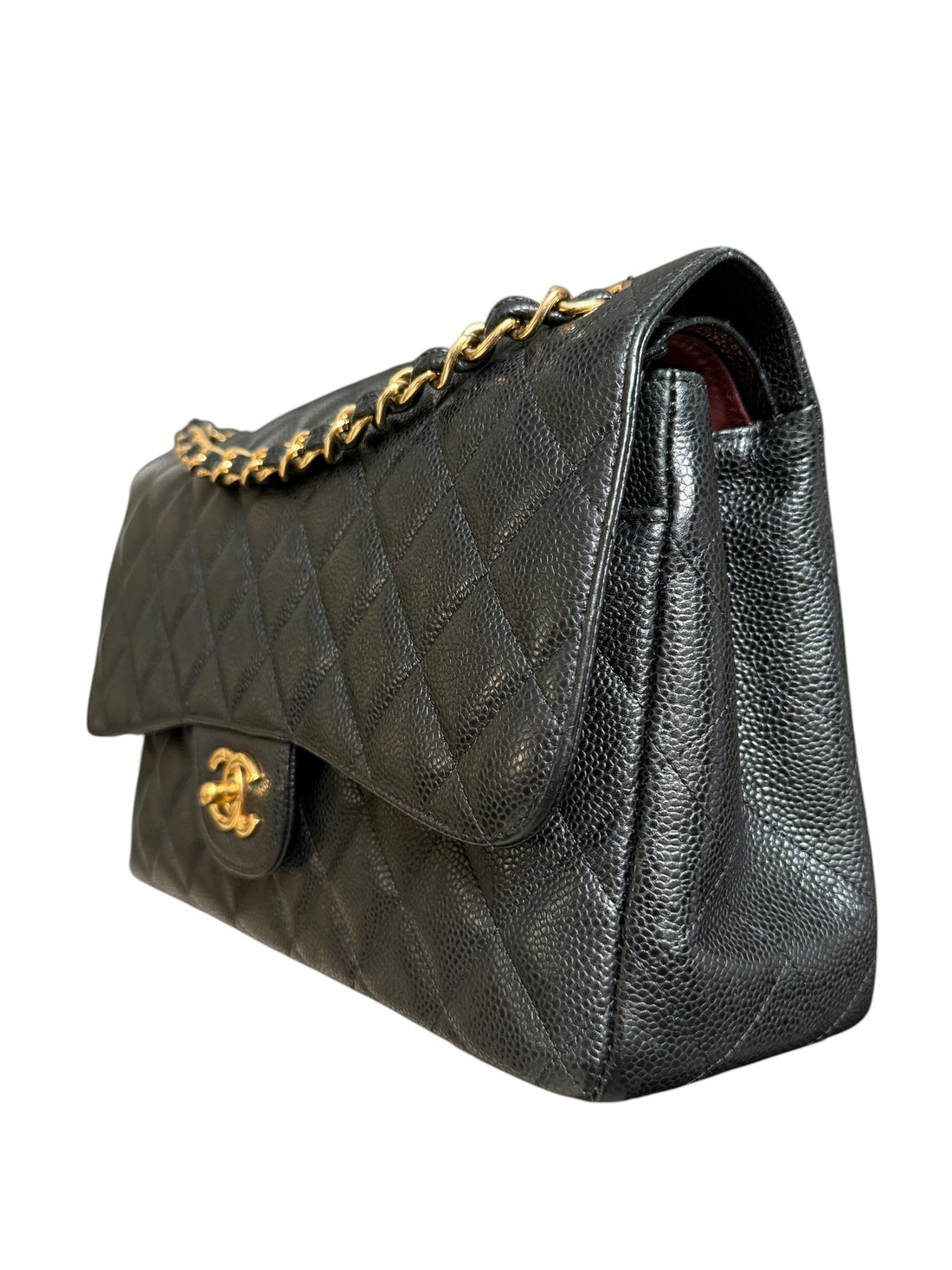 Chanel Classic Timeless Jumbo Double Flap Bag aus schwarzem Caviarleder (genarbtes Kalbsleder) mit goldfarbener Hardware.