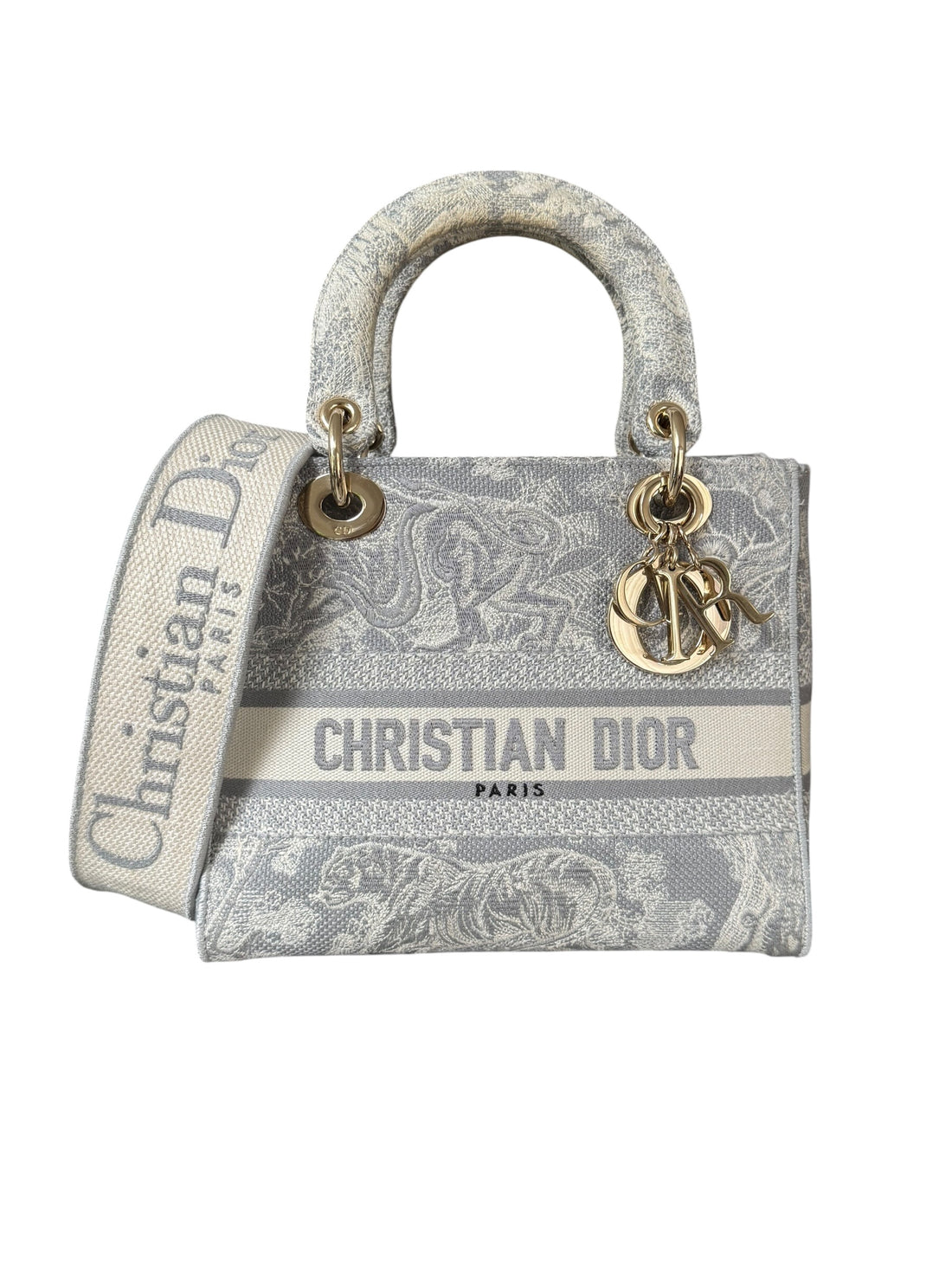 Christian Dior Lady Medium Canvas Toile De Jouy Embroidered Medium Lady D-Lite in der Farbe grau und ecru mit abnehmbarem Schulterriemen