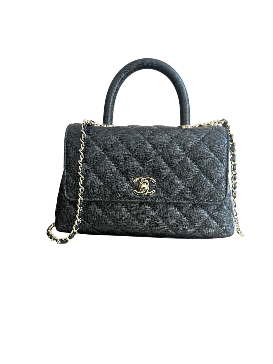 Chanel Timless Coco Handle aus schwarzem Kaviar Leder (genarbtes Kalbsleder) Hardware Champagnergold.