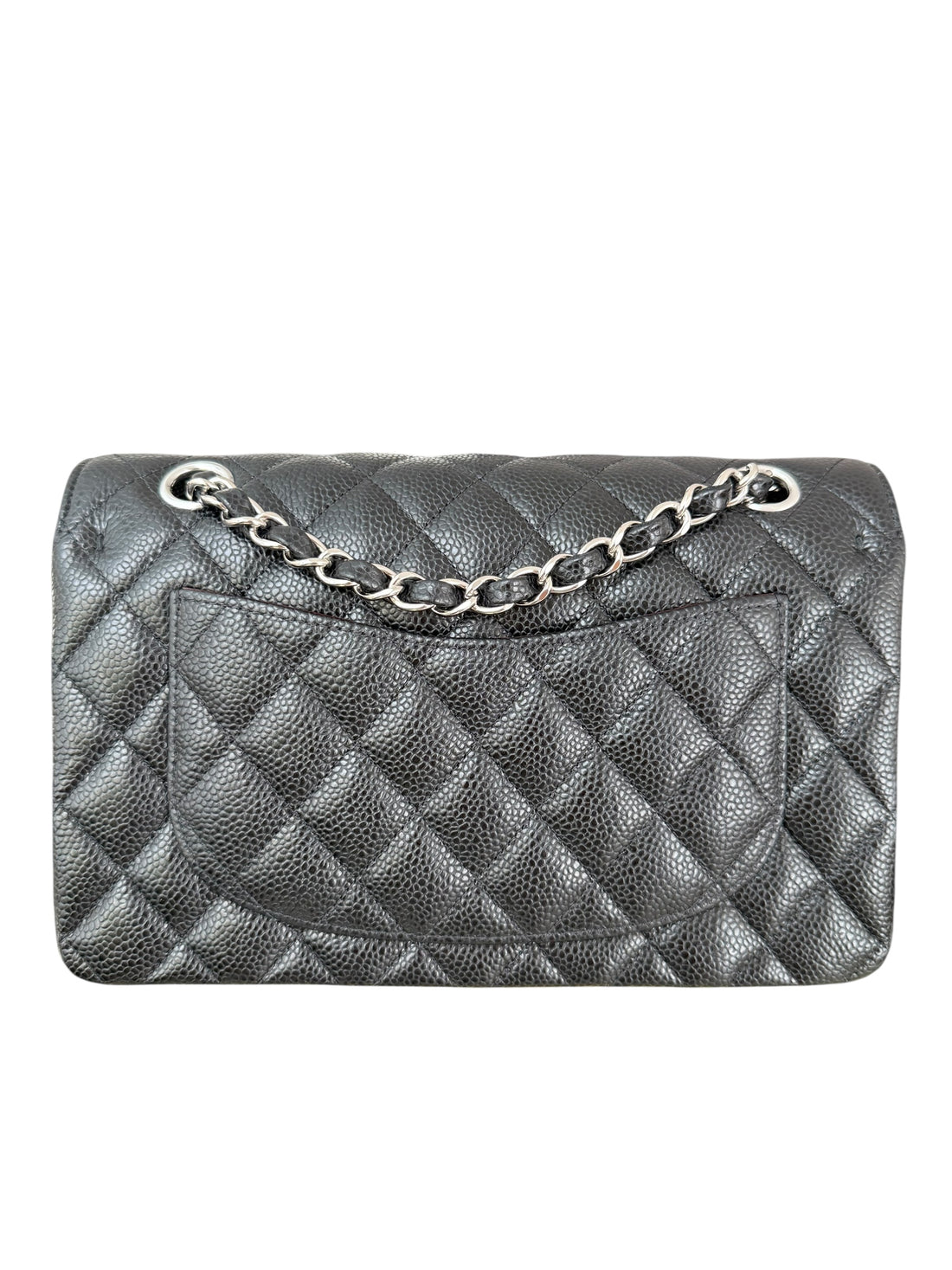 Chanel Small Classic Double Flap Bag aus schwarzem Caviarleder und silberfarbener Hardware