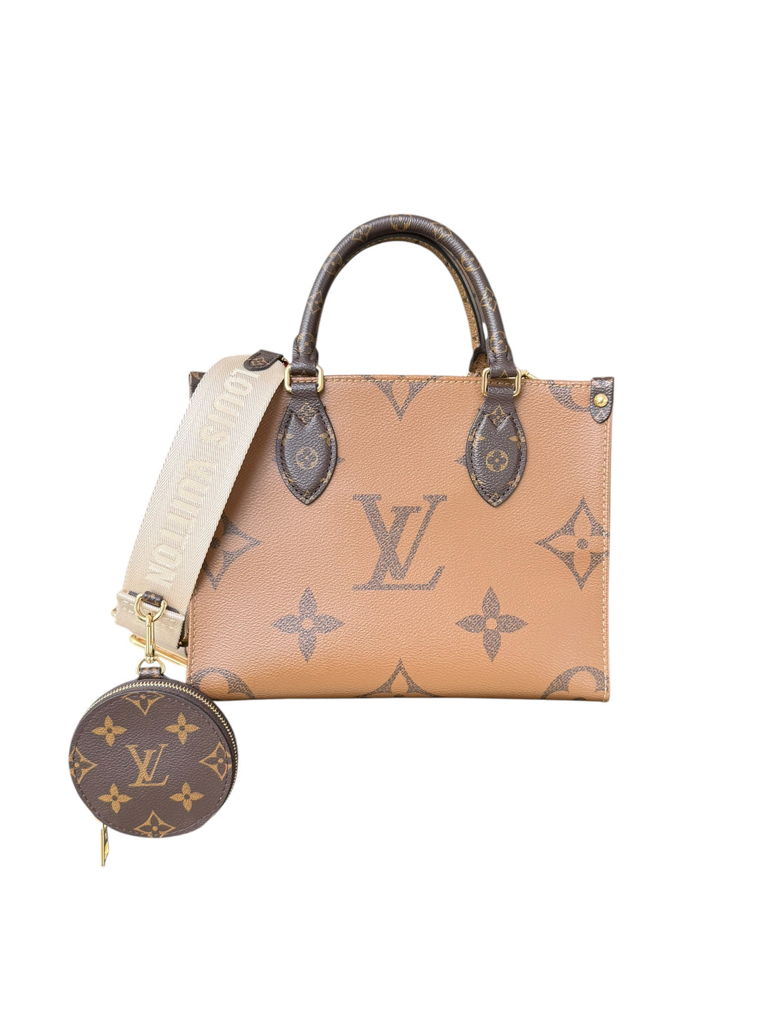 Louis Vuitton On-The-Go pm in Monogram Canvas Reverse mit abnehm- und verstellbarem breitem Schulterriemen mit Coin.
