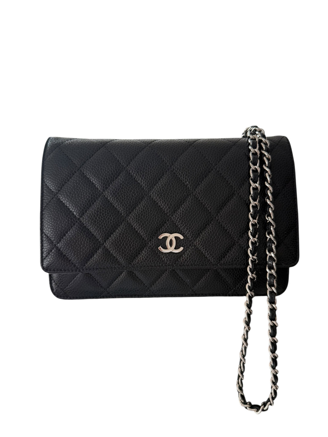 Chanel WOC Wallet on Chain aus schwarzem Kaviarleder und silberfarbener Hardware