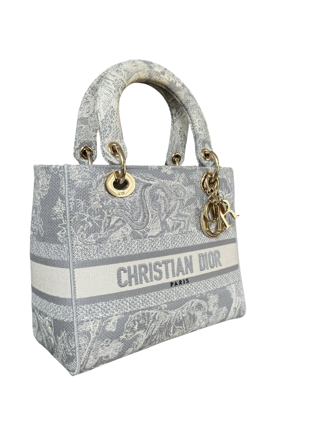Christian Dior Lady Medium Canvas Toile De Jouy Embroidered Medium Lady D-Lite in der Farbe grau und ecru mit abnehmbarem Schulterriemen