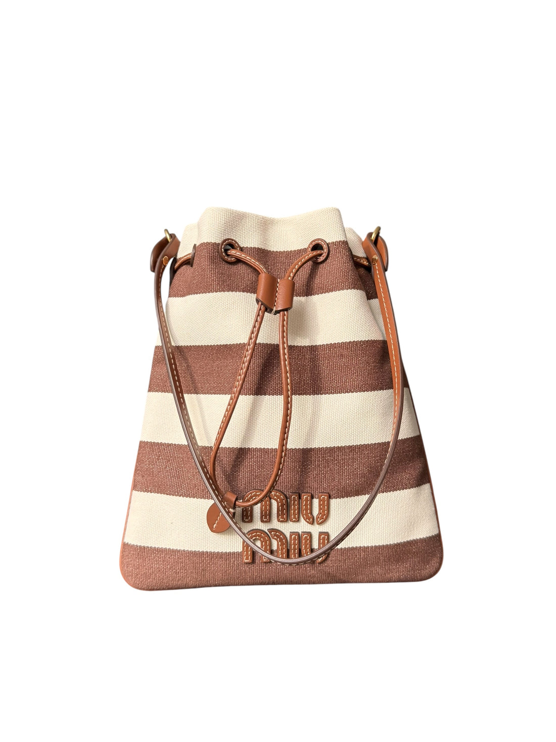 Miu Miu Beuteltasche aus braun-weiss gestreiftem Canvas und Kordelzug aus Leder
