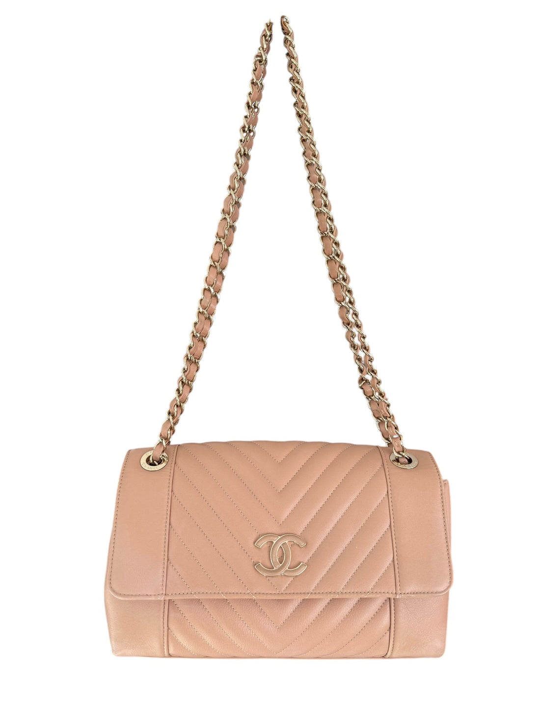 Chanel Flap Bag Chevron Schultertasche aus Kalbsleder in beige