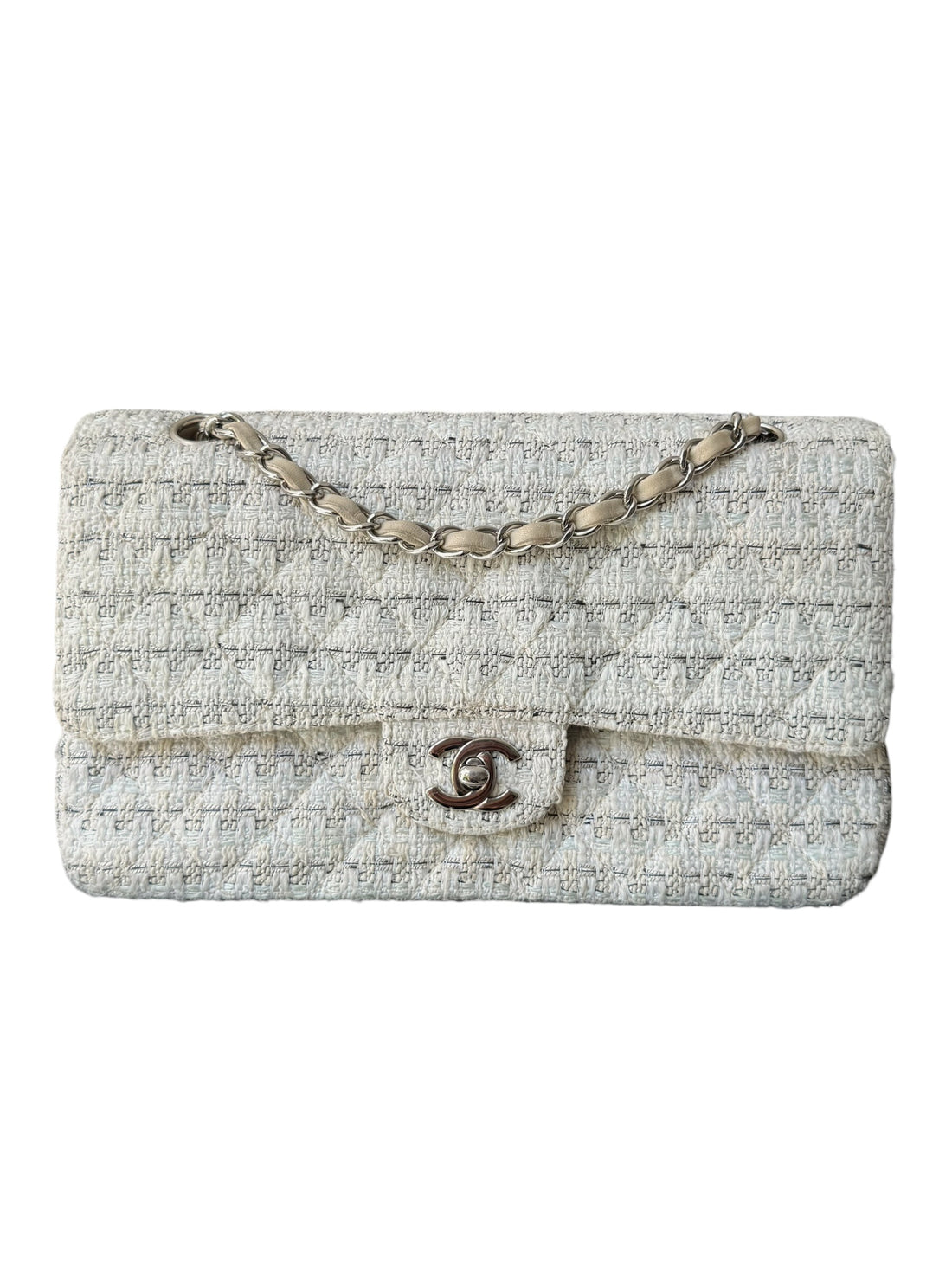 Chanel Timeless Double Flap Bag Medium in den Farben beige/creme/grau und weiss in Tweed