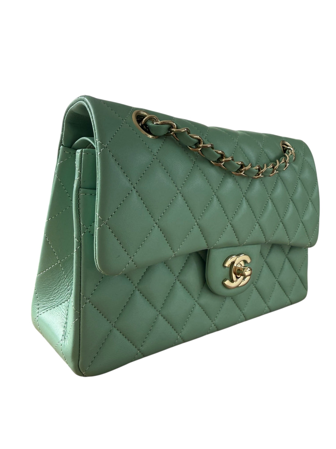 Chanel Classic Timeless Double Flap Bag  aus weichem Lammleder. Farbe: pastellgrün/mintgrün