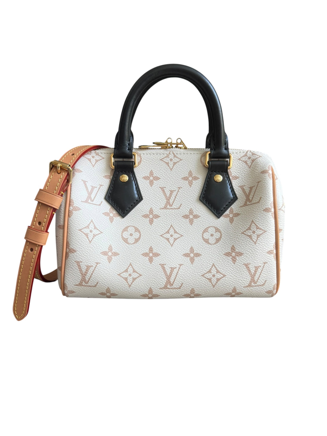 Louis Vuitton Monogram Dune Speedy Bandoulière 20er aus beschichtetem Canvas im speziellen, hellen Monogram Dune-Design.