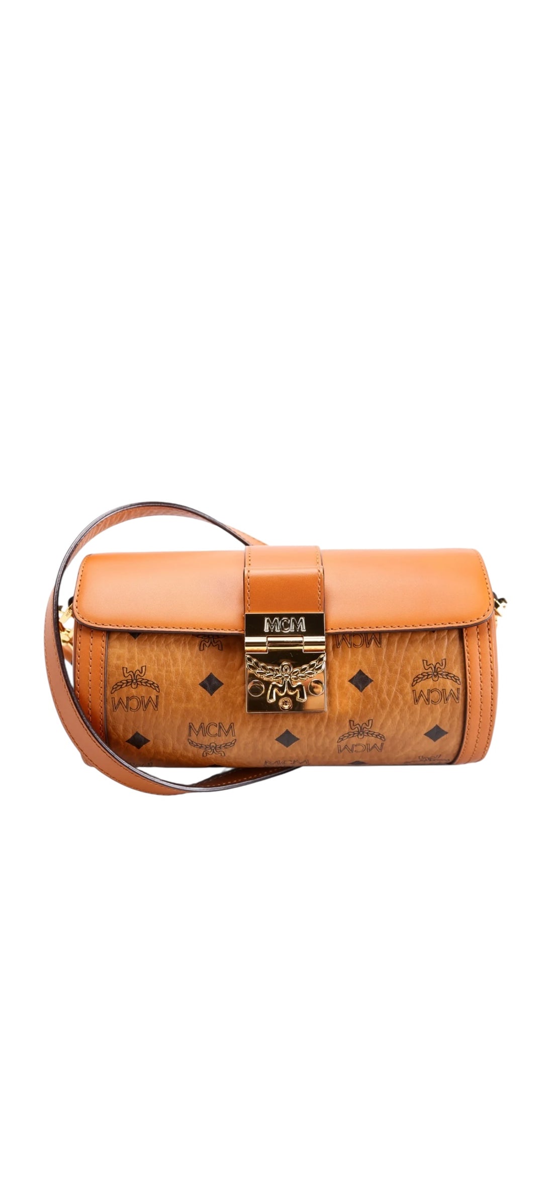 MCM Small Tracy Visetos Zylinder-Umhängetasche in Cognac-braunem beschichtetem Canvas und Leder.