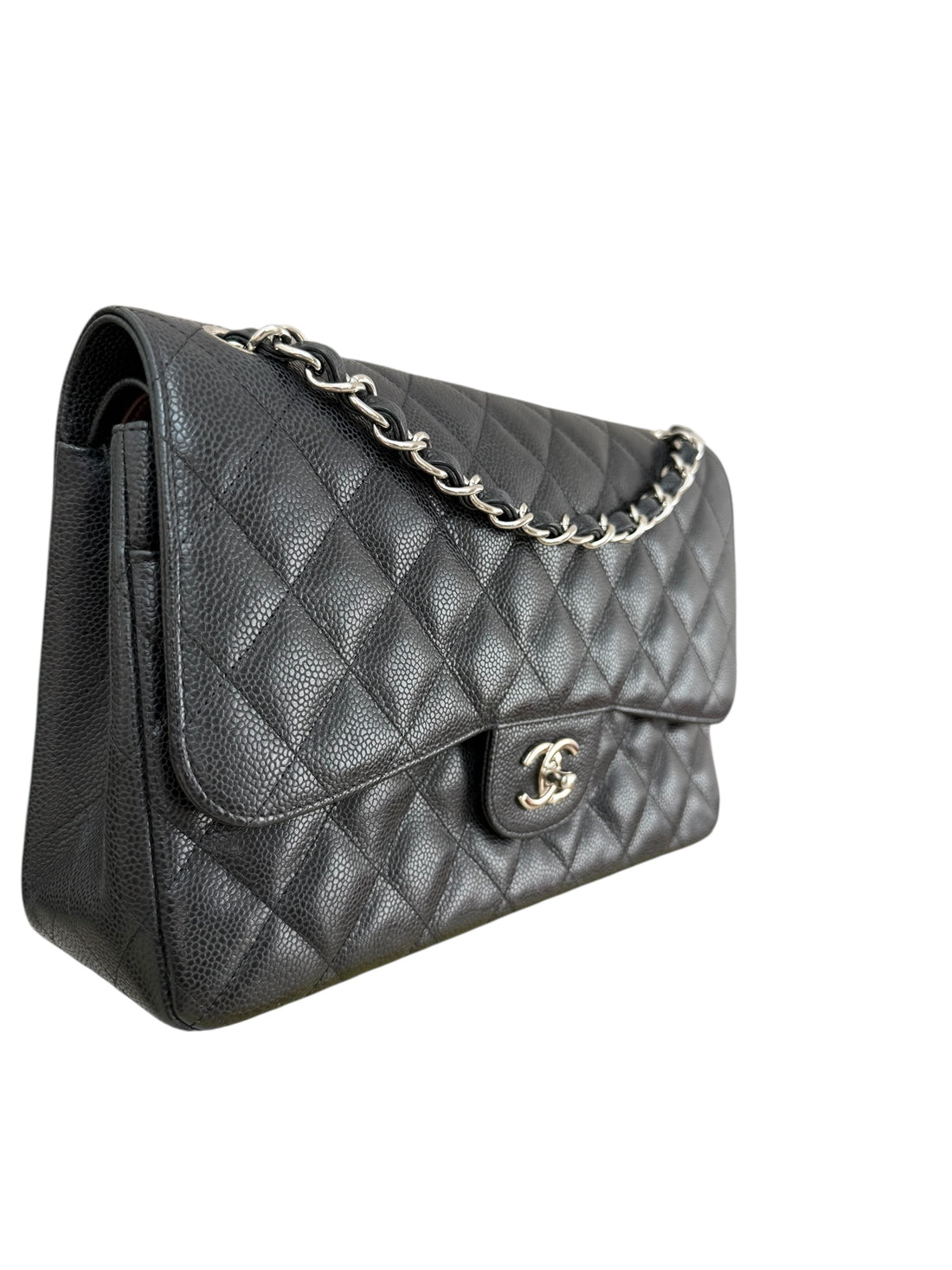 Chanel Classic Timeless Double Flap Bag aus schwarzem Caviarleder und silberfarbener Hardware