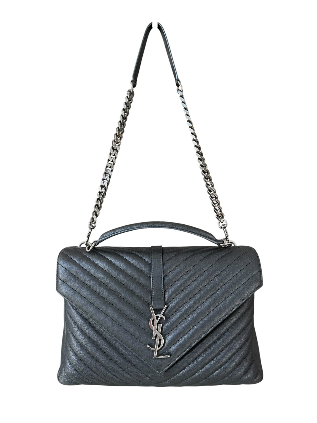 YSL Saint Laurent Collège Schultertasche Large aus gestepptem schwarzem genarbtem Leder mit silbernen Beschlägen