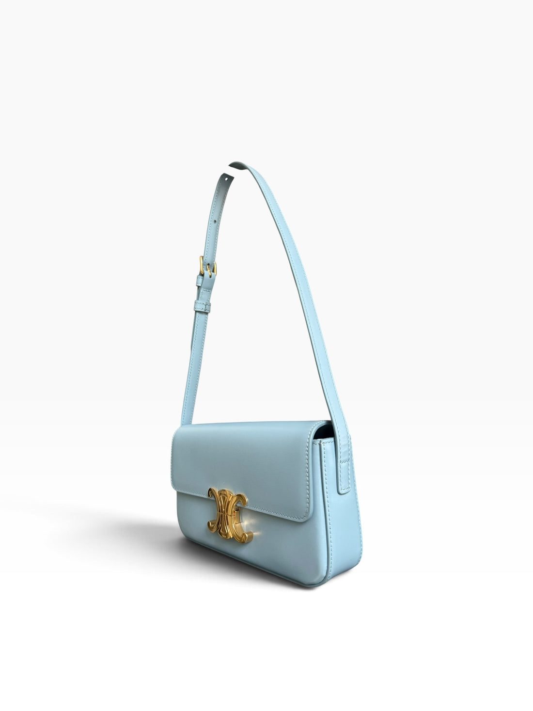 CELINE CLAUDE Schulter Tasche aus glänzendem Kalbsleder mit verstellbaren Schulterriemen. Farbe: California Blue.