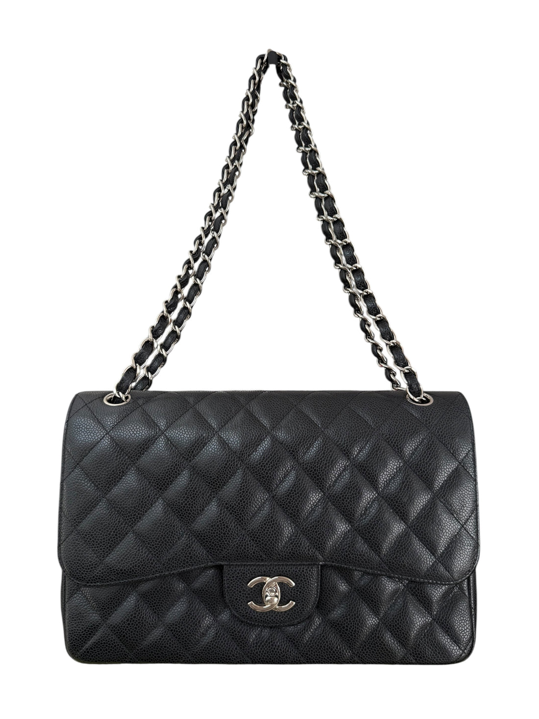 Chanel Classic Timeless Double Flap Bag aus schwarzem Caviarleder und silberfarbener Hardware