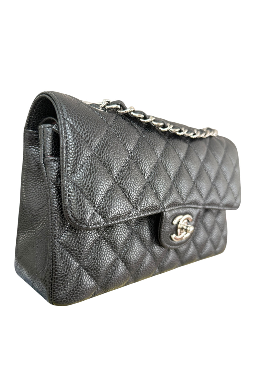 Chanel Small Classic Double Flap Bag aus schwarzem Caviarleder und silberfarbener Hardware