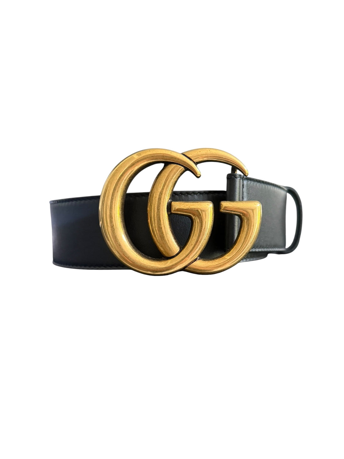 Breiter schwarzer GG Marmont Gürtel mit GG Schnalle in Antikgold.