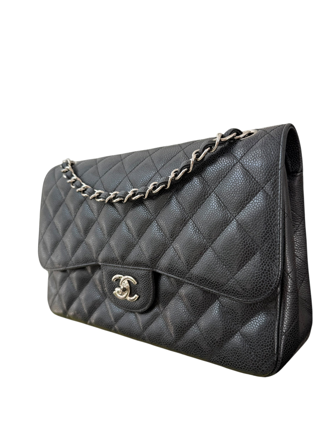 Chanel Classic Timeless Double Flap Bag aus schwarzem Caviarleder und silberfarbener Hardware