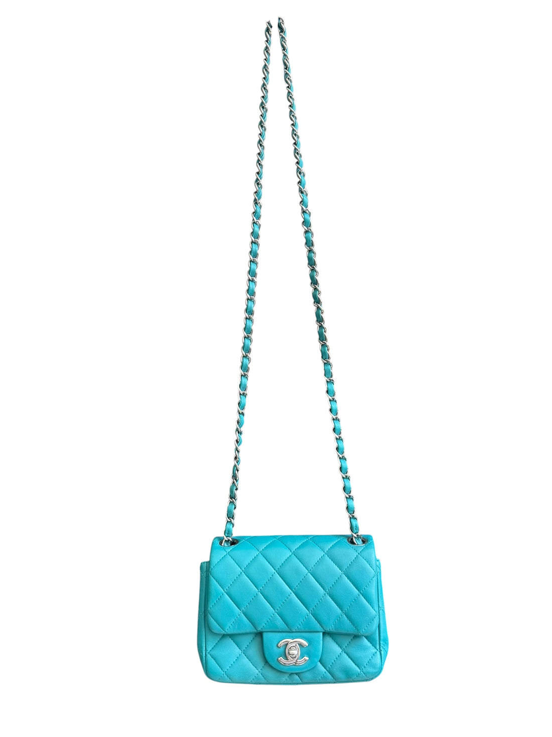 Chanel Classic Flap Bag Square Mini tiffanyblue, Lammleder und silberfarbener Hardware. CC Drehverschluss