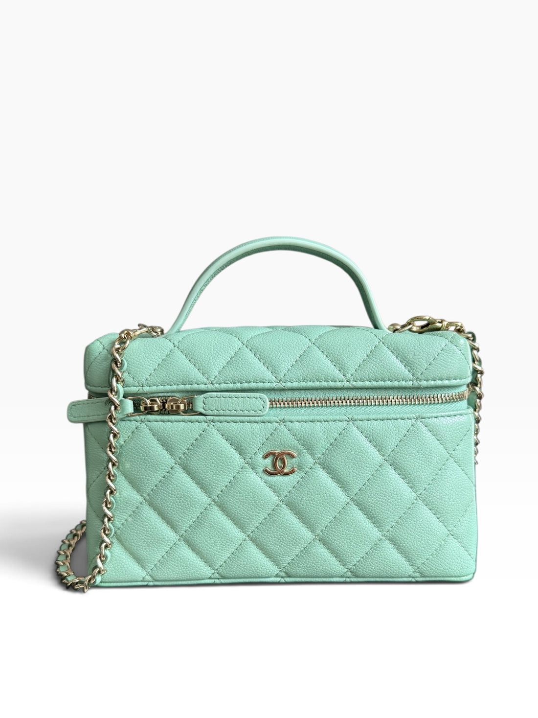 Chanel Top Handle Long Vanity Kaviarleder in der Farbe Mintgrün mit abnehmbarer Kette.