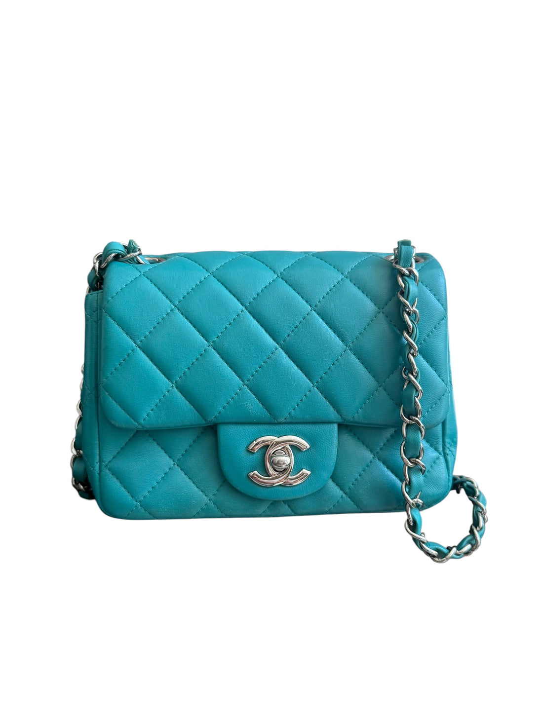 Chanel Classic Flap Bag Square Mini tiffanyblue, Lammleder und silberfarbener Hardware. CC Drehverschluss