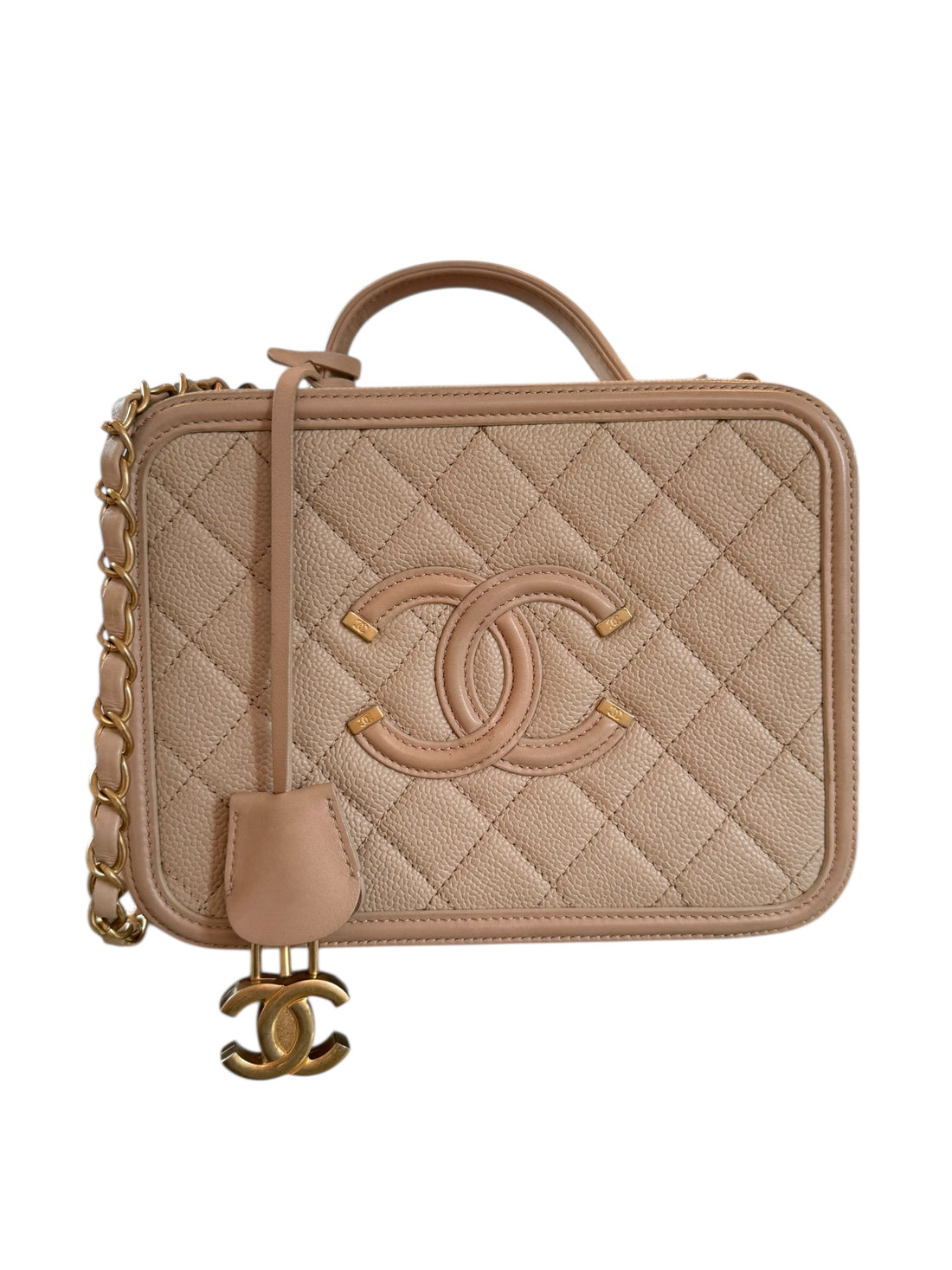 Chanel Vanity Case Medium aus strapazierfähigem Caviar-Leder in Beige