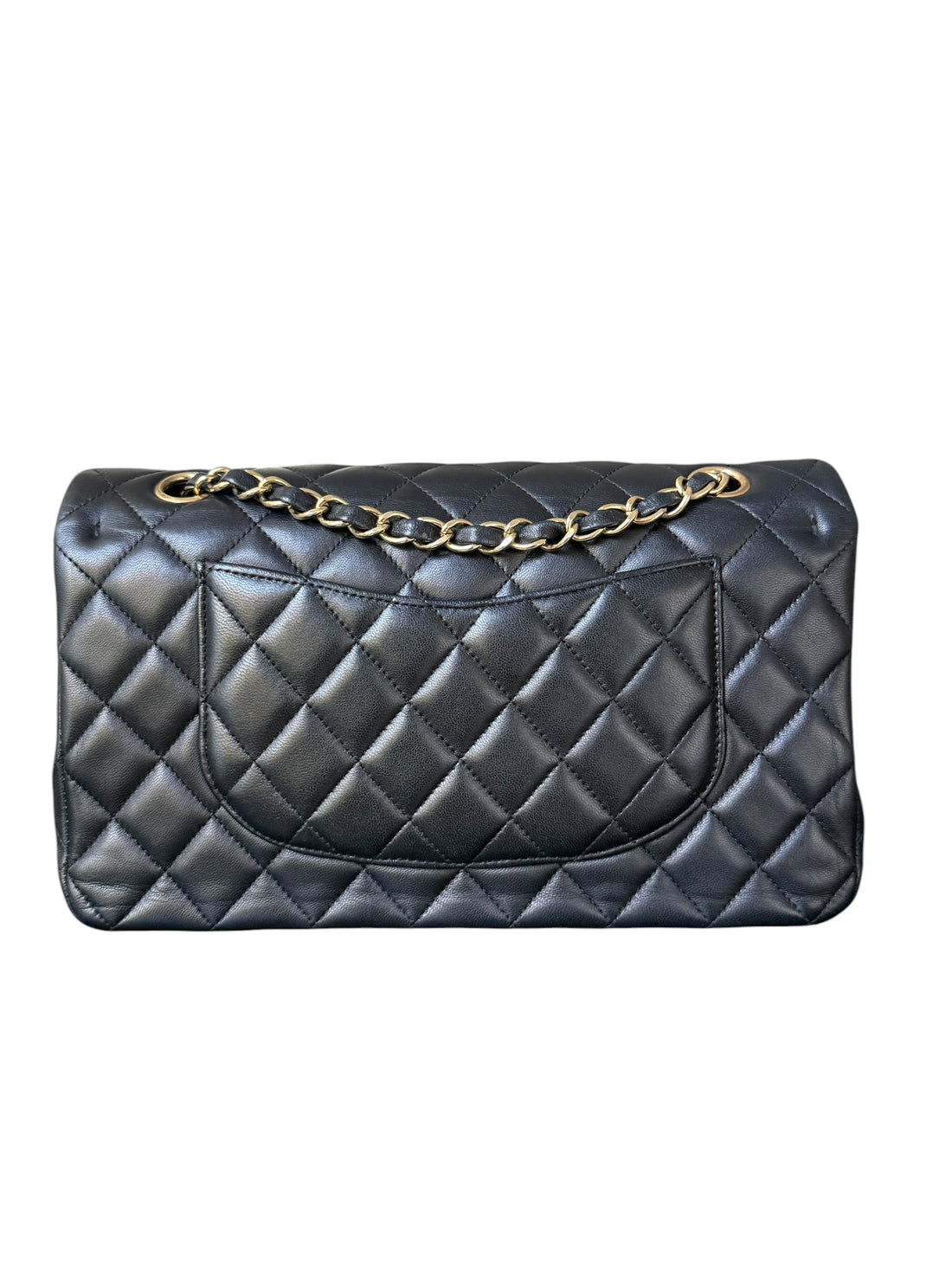 Chanel Medium Classic Double Flap Bag aus schwarzem Lammleder und goldfarbener Hardware