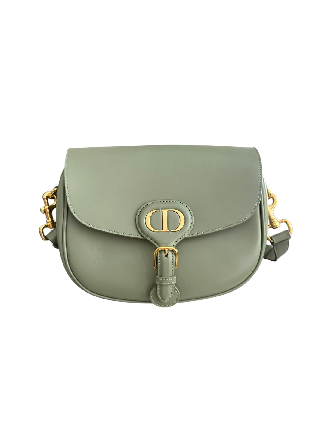 Borsa a tracolla Christian Dior Bobby in pelle di vitello color verde salvia con dettagli in metallo color oro.