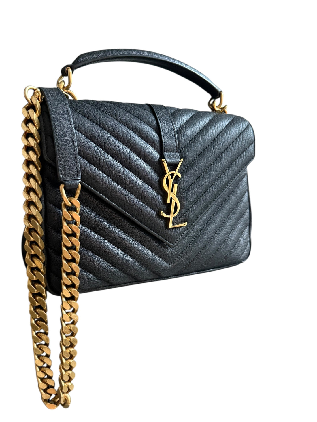 YSL Saint Laurent Collège Medium Schultertasche aus gestepptem schwarzem genarbtem Leder