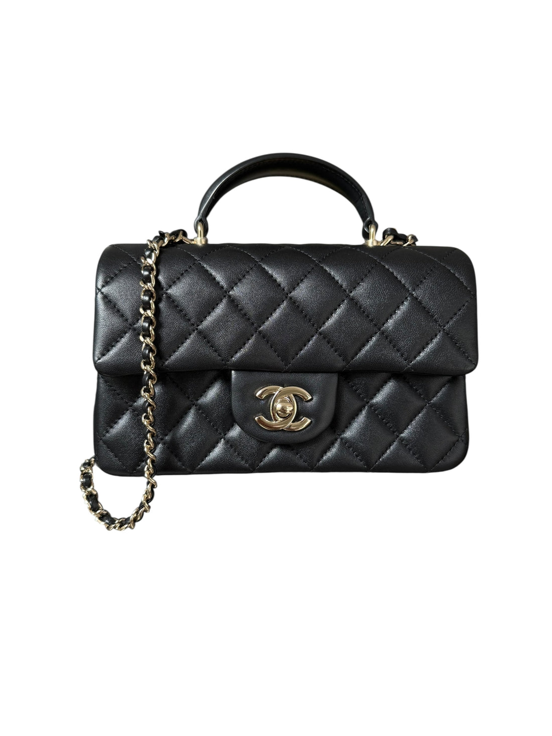 Chanel Mini Classic Flap Bag Handle aus schwarzem Lammleder