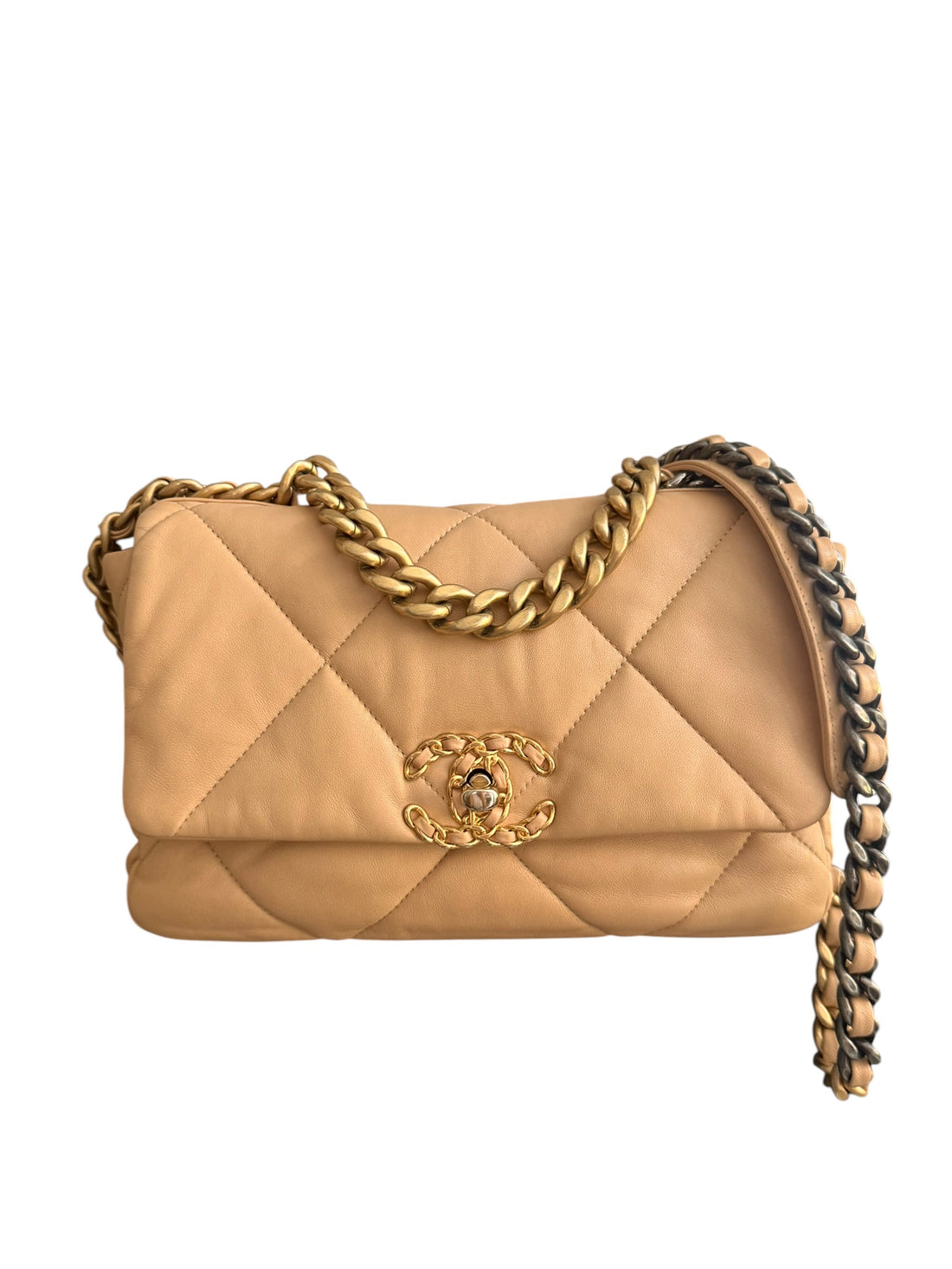 Chanel 19 small in beige mit Gold- Silber- Rutheniumfarbenes Metall. Griff und Schulterkette.