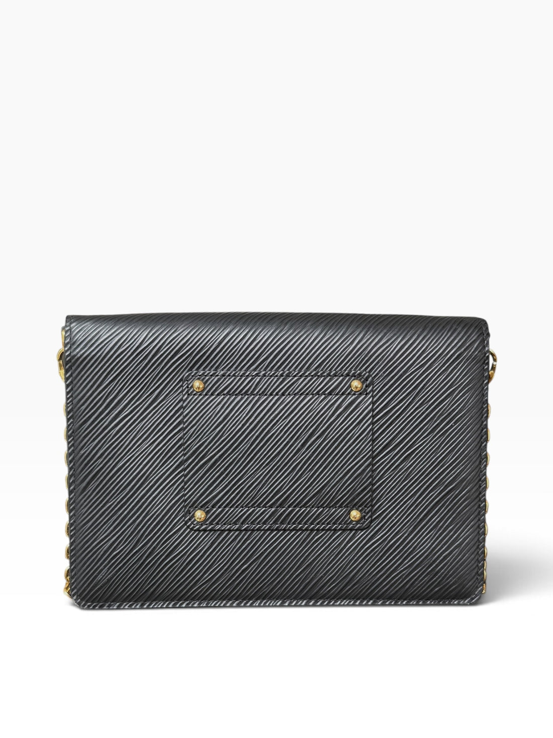 Louis Vuitton Twist Chain Wallet aus schwarzem Epi-Leder mit einem markanten, goldfarbenen LV-Drehverschluss.