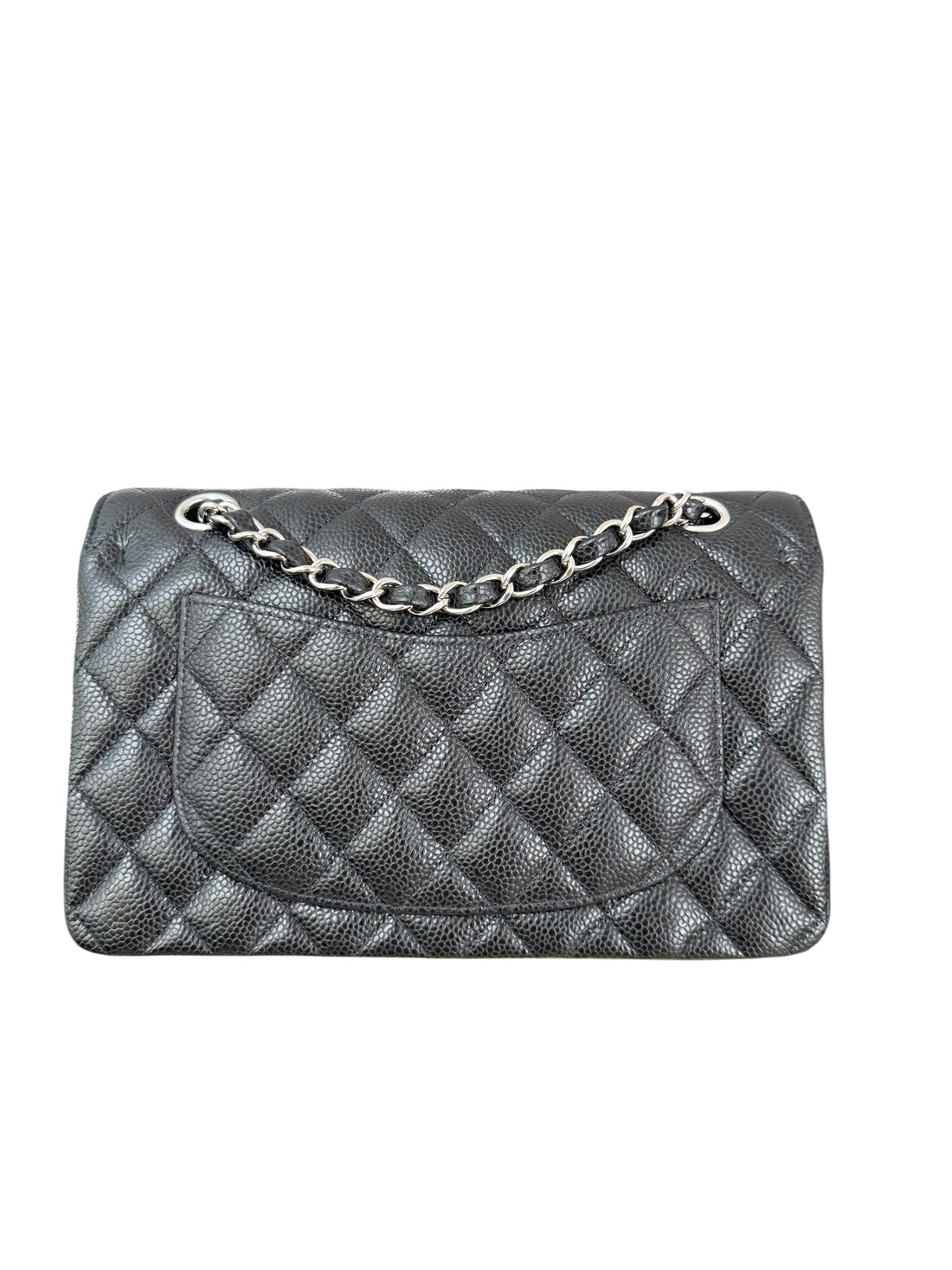 Chanel Small Classic Double Flap Bag aus schwarzem Caviarleder und silberfarbener Hardware