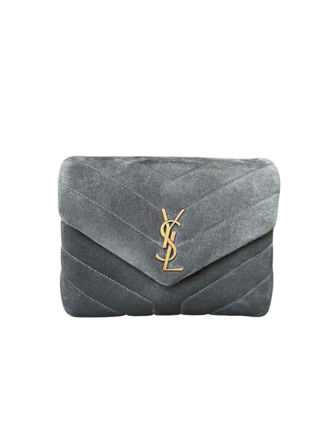 YSL Saint Laurent Loulou mit Chevron Steppmuster in grauem Wildleder und goldfarbener Hardware